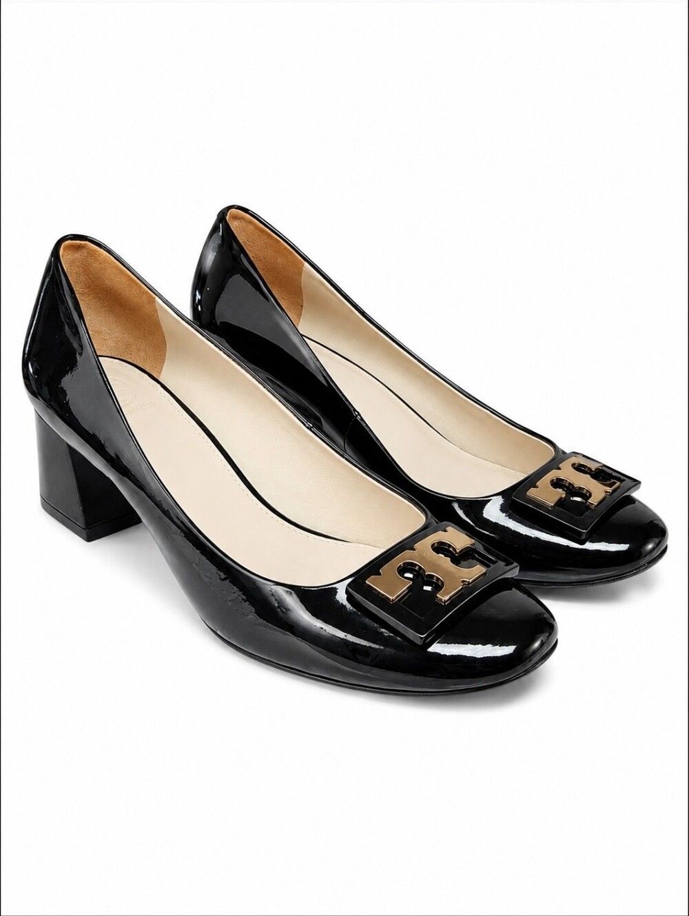 TORY BURCH | Black Patent Leather Gold Logo Block Heel Pumps Size 8M